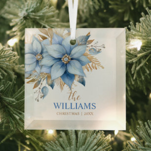 Adorno De Cristal Icy Blue Gold Poinsettia Flower Christmas Tree