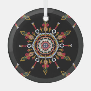 Adorno De Cristal Ikat Damask Red Green Vintage