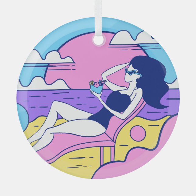 Adorno De Cristal Ilustracion de cócteles Chica Beach Sunbathing. (Anverso)