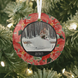 Adorno De Cristal Invierno de Poinsettia | Vidrio de foto y Año de m