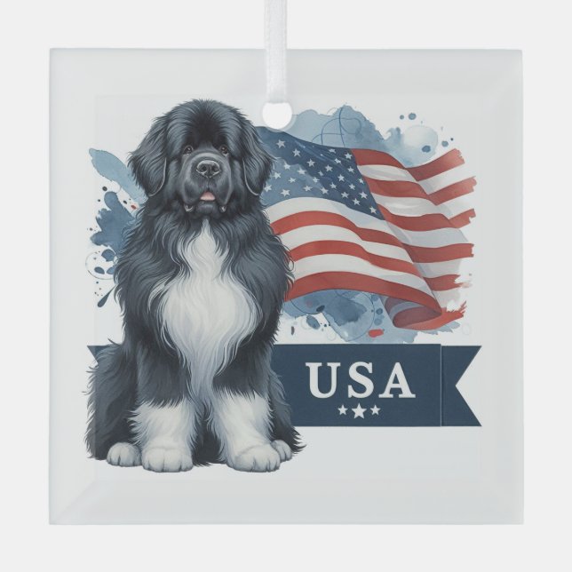 Adorno De Cristal Irish Spot Newfie Patriotic Square  (Anverso)
