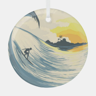 Adorno De Cristal Isla tropical, ola, puesta de sol surfista.