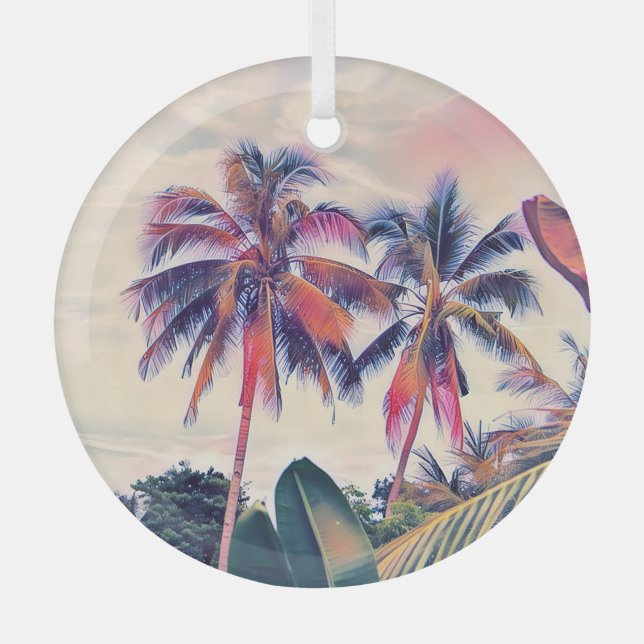 Adorno De Cristal Jardín tropical, palmeras al atardecer. (Anverso)
