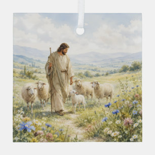 Adorno De Cristal Jesús Buen Pastor Acuarela de Flores Silvestres