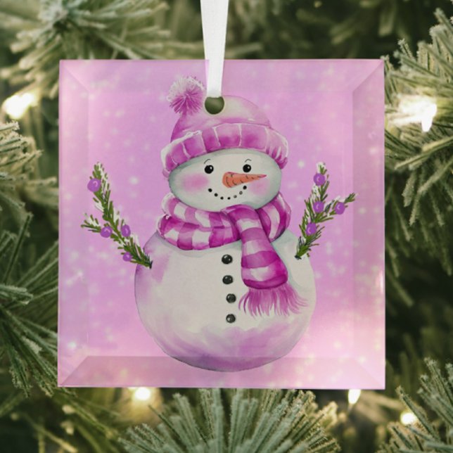 Adorno De Cristal Jolly Snowman Pink  (.jolly snowman on this lovely ornament)
