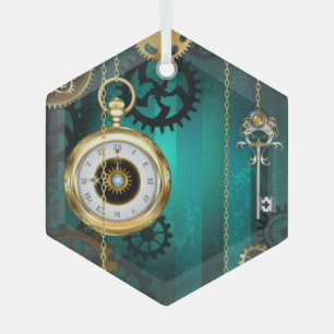 Adorno De Cristal Joyería Steampunk Reloj en un fondo verde