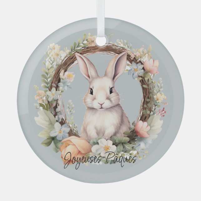 Adorno De Cristal Joyeuses Pâques Bunny De Pascua En Una Floral Leña (Anverso)