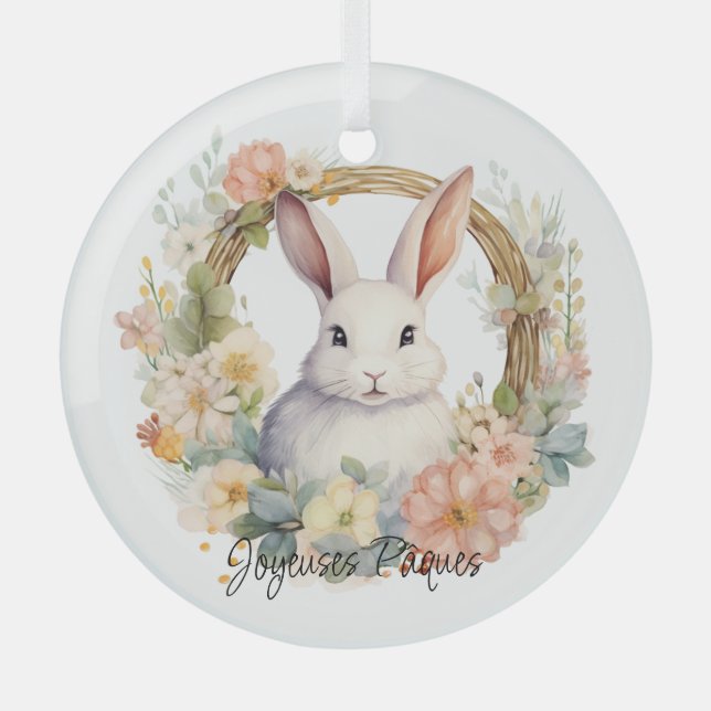 Adorno De Cristal Joyeuses Pâques Bunny De Pascua En Una Floral Leña (Anverso)