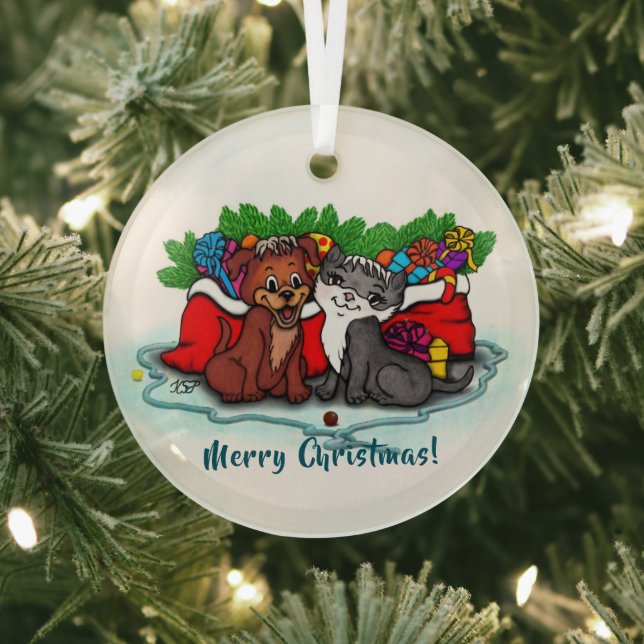 Adorno De Cristal Kitty and Puppy , Happy XMas (in situ)