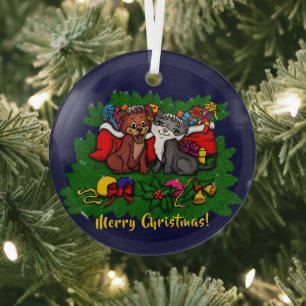 Adorno De Cristal Kitty and Puppy , Happy XMas