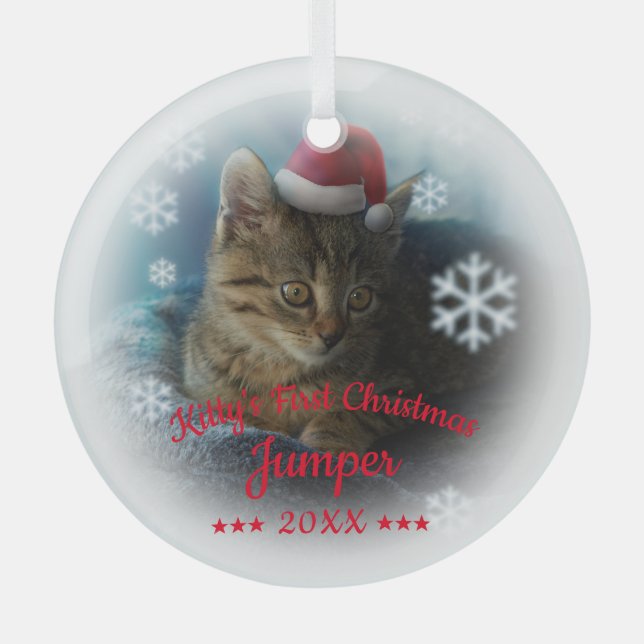 Adorno De Cristal La primera Navidad de Kitty | Nombre del gato Snow (Anverso)