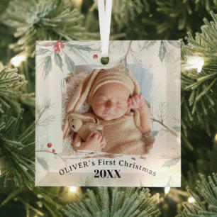 Adorno De Cristal La primera Navidad del bebé Foto de acebo Follaje