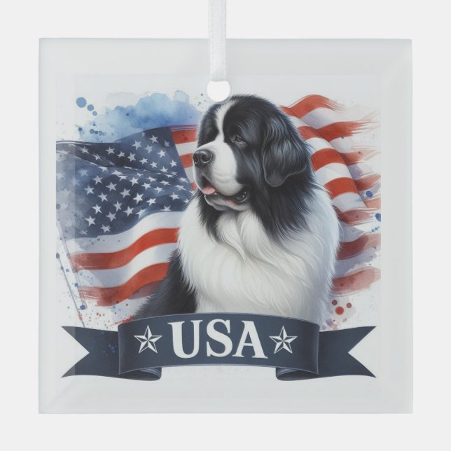 Adorno De Cristal Landseer Newf Patriotic  (Anverso)