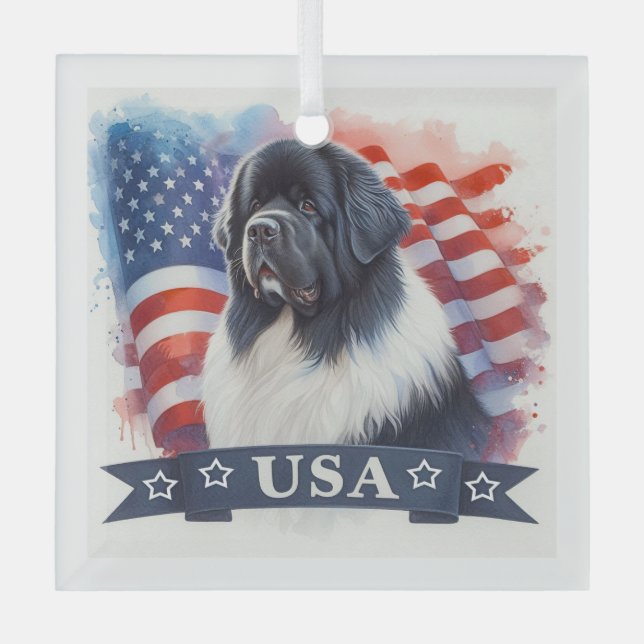 Adorno De Cristal Landseer Newfoundland Dog Patriotic (Anverso)