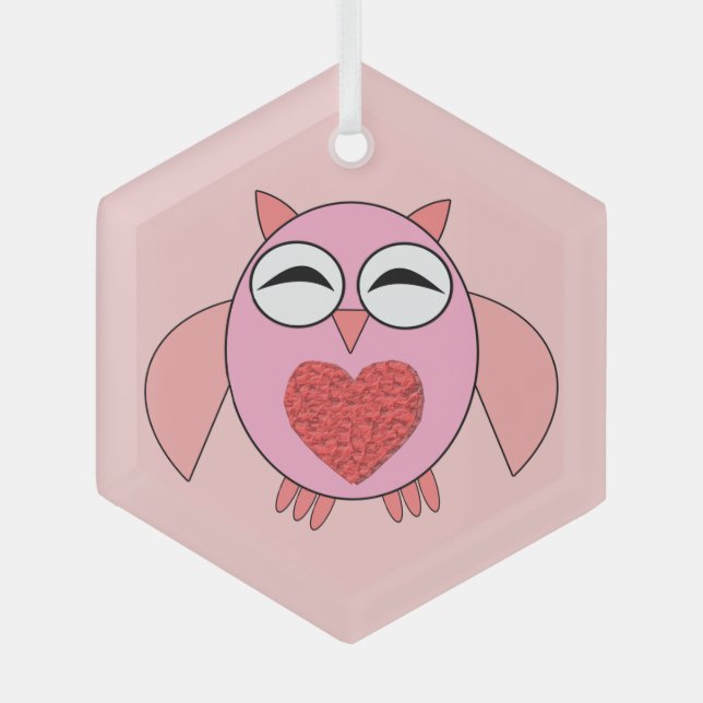 Adorno De Cristal Lechuza de corazón de amor rosa (Anverso)