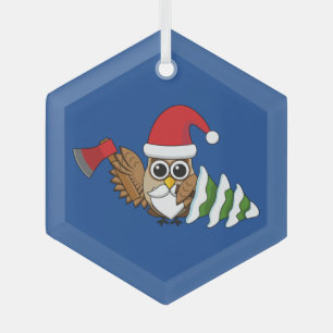 Adorno De Cristal Lechuza navidad con hacha y pino nevado