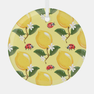 Adorno De Cristal Lemon Ladybug: Patrón amarillo tropical.