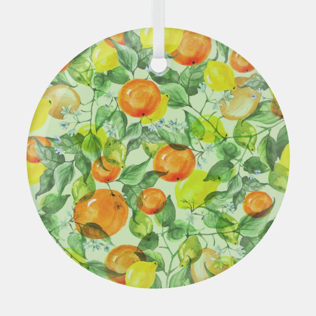 Adorno De Cristal Lemones acuarelas, flores, patrón cítrico. (Anverso)