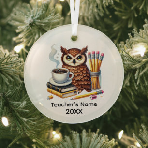 Adorno De Cristal Libros de búho de café Cool añaden nombre año