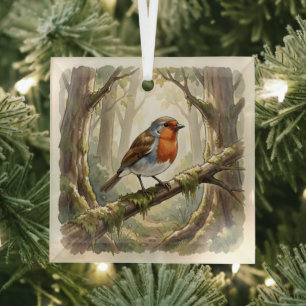 Adorno De Cristal Lindo pájaro petirrojo en un viejo bosque