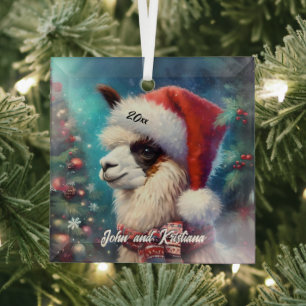 Adorno De Cristal Llama Hermosa con Sombrero de Santa