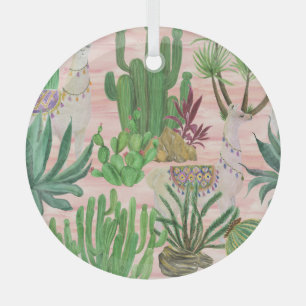 Adorno De Cristal Llamas acuarelas y patrones de cactus.
