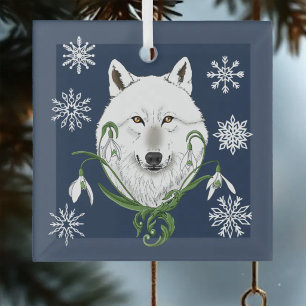 Adorno De Cristal Lobo Ártico Blanco Místico Flor de Invierno Azul