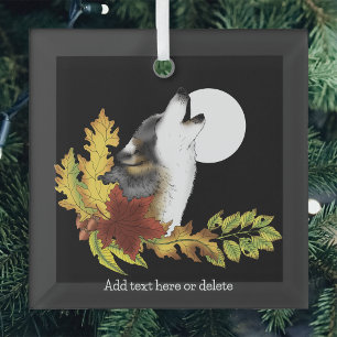 Adorno De Cristal Lobo de otoño aullando a la luna negra