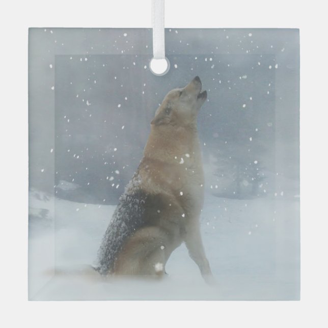 Adorno De Cristal Lobo de vacaciones y Nieve Howling (Anverso)