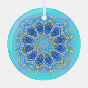 Adorno De Cristal Lotus mandala de color turquesa y azul