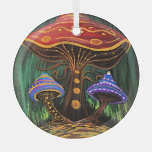 Adorno De Cristal Mágica Cabaña de Hongos Coloridos y Caprichosos
