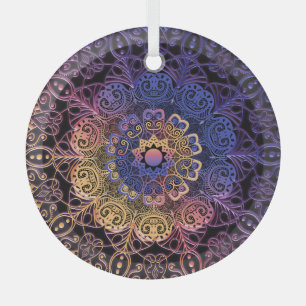 Adorno De Cristal Mandala morada y amarilla: diseño dibujado a mano