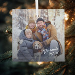 Adorno De Cristal mantenimiento de fotos de vacaciones familiares<br><div class="desc">Ornamento de fotos con texto editable. Recortar y redimensionar tu foto para que se ajuste a la forma. Elegir cualquier estilo de adorno</div>