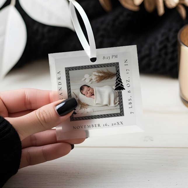 Adorno De Cristal Marco moderno Árboles Evergreen Fotograma Nacimien (Modern Frame Evergreen Trees Photo Frame Birth Glass Ornament)