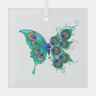 Adorno De Cristal Mariposa con plumas de pavo real verde