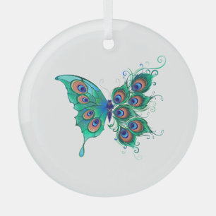 Adorno De Cristal Mariposa con plumas de pavo real verde