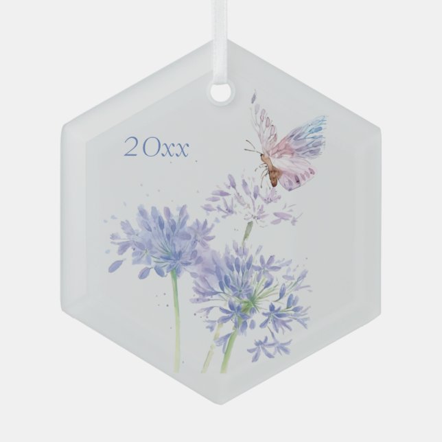 Adorno De Cristal Mariposa en las flores del jardín acuarela Floral  (Anverso)