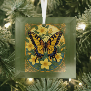 Adorno De Cristal Mariposa Papilio glaucus con jazmín amarillo