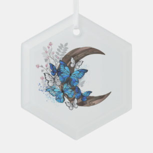 Adorno De Cristal Mariposas azules sobre la media luna de madera