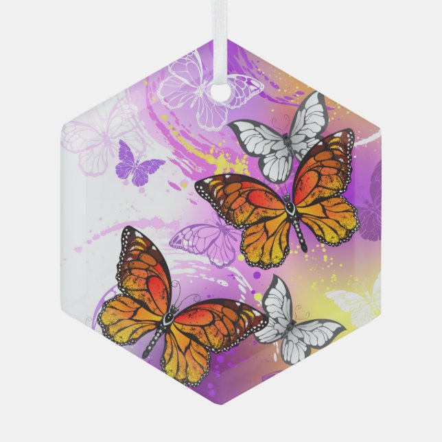 Adorno De Cristal Mariposas monarcas en fondo morado (Anverso)