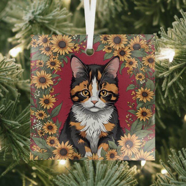 Adorno De Cristal Maryland Calico Cat And Black Eyed Susan Flowers 1 (in situ)