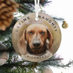 Adorno De Cristal Mascota divertida define Navidades traviesos fotog<br><div class="desc">Divertido Mascota Navidades de fotografía Glass Ornament. Funciones de diseño,  una imagen de su perro o gato,  un general,  el texto 'DEFINE NAUGHTY' y el nombre del mascota. Hace un maravilloso regalo de mantenimiento.</div>