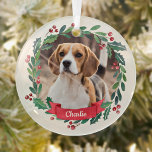 Adorno De Cristal Mascota personalizado Foto Perro acuarela Navidade<br><div class="desc">Decoren su árbol o den un regalo especial esta temporada de vacaciones con esta elegante foto mascota en un adorno de navidad de diseño de corona, y decoración a juego. Este adorno de navidad de perro tiene una corona de color verde y roja con bayas y azulejos. Personaliza con el...</div>