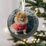 Adorno De Cristal Mascota personalizado Mi primer vaso fotográfico d<br><div class="desc">Conmemorar a un mascotas de los primeros navidades con esta foto moderna y adorno de navidad. Texto con "Mi primera Navidad" y el nombre del mascota. Hace un maravilloso regalo de mantenimiento.</div>