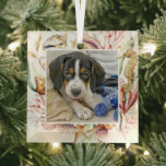 Adorno De Cristal Mascota personalizado Navidades de Photo Beach<br><div class="desc">Crea un adorable adorno de vacaciones de keepsake para tu mascota con este adorno de playa. La foto cuadrada de tu mascota está enmarcada con conchas marinas,  un caballito de mar y plantas marinas.</div>