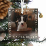 Adorno De Cristal Mascotas para siempre fotografía tipografía en cas<br><div class="desc">Conmemorar a los mascotas de su primer navidad en su casa para siempre con este elegante adorno de vidrio fotográfico. El diseño presenta el texto 'FOREVER HOME' en la tipografía blanca enmarcando una imagen de su elección,  pequeñas y lindas huellas blancas con centros cardíacos y su nombre.</div>
