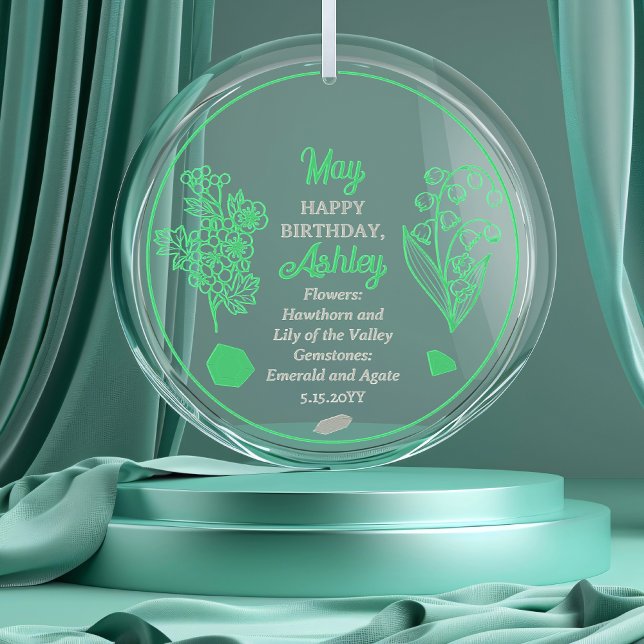 Adorno De Cristal May Hawthorn |Lily del Cumpleaños del Valle Keepsa (May Hawthorne and Lily of the Valley Floral | Emerald and Agate Gemstones Birthday Keepsake Ornament)