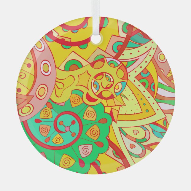 Adorno De Cristal Mehndi Doodle: Colorida textura étnica. (Anverso)