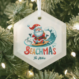 Adorno De Cristal Merry Beachmas Santa Surfing Retro Design