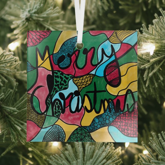 ADORNO DE CRISTAL MERRY NAVIDAD NEUROGRÁFICA Y NEGRO (in situ)